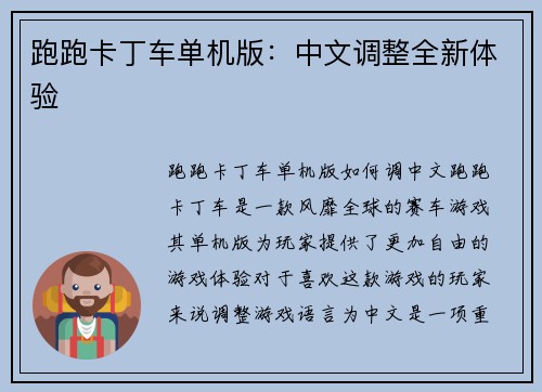跑跑卡丁车单机版：中文调整全新体验