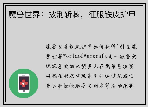 魔兽世界：披荆斩棘，征服铁皮护甲